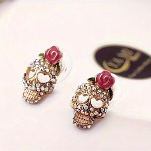 Gold Tone Rose Skull Crystal Studs